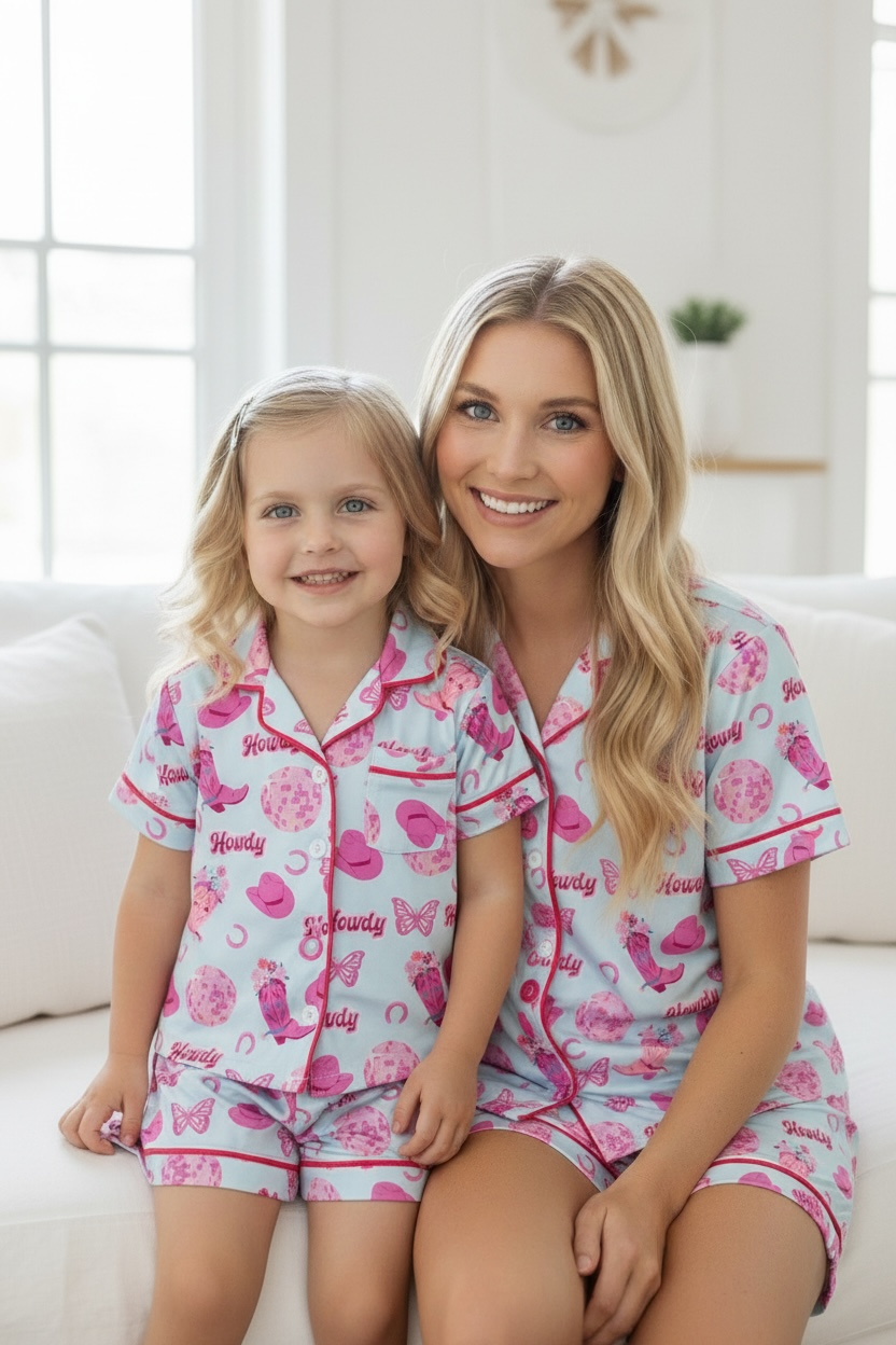 Howdy" Western & butterfly multi printed girls pajamas.
