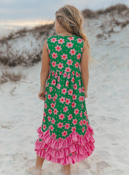 Girls Olivia 3 Ruffle Green Floral Spring Summer Dress