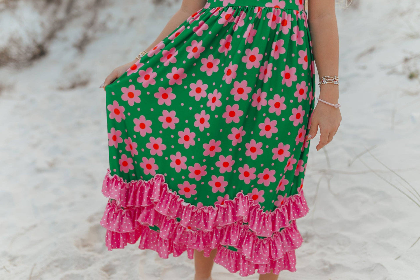 Girls Olivia 3 Ruffle Green Floral Spring Summer Dress