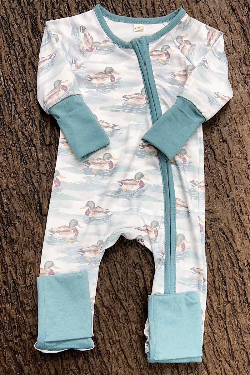 Mallard Duck printed on white baby bodysuit with fold over hands & feet
