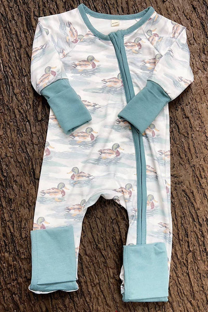 Mallard Duck printed on white baby bodysuit with fold over hands & feet