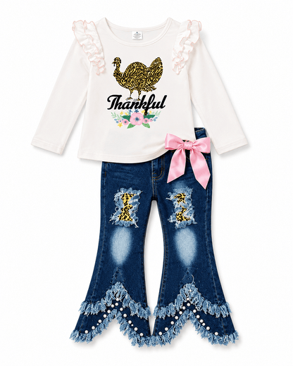 Turkey Thanksgiving Light Pink Denim Outfit Kids