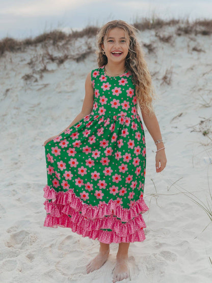 Girls Olivia 3 Ruffle Green Floral Spring Summer Dress