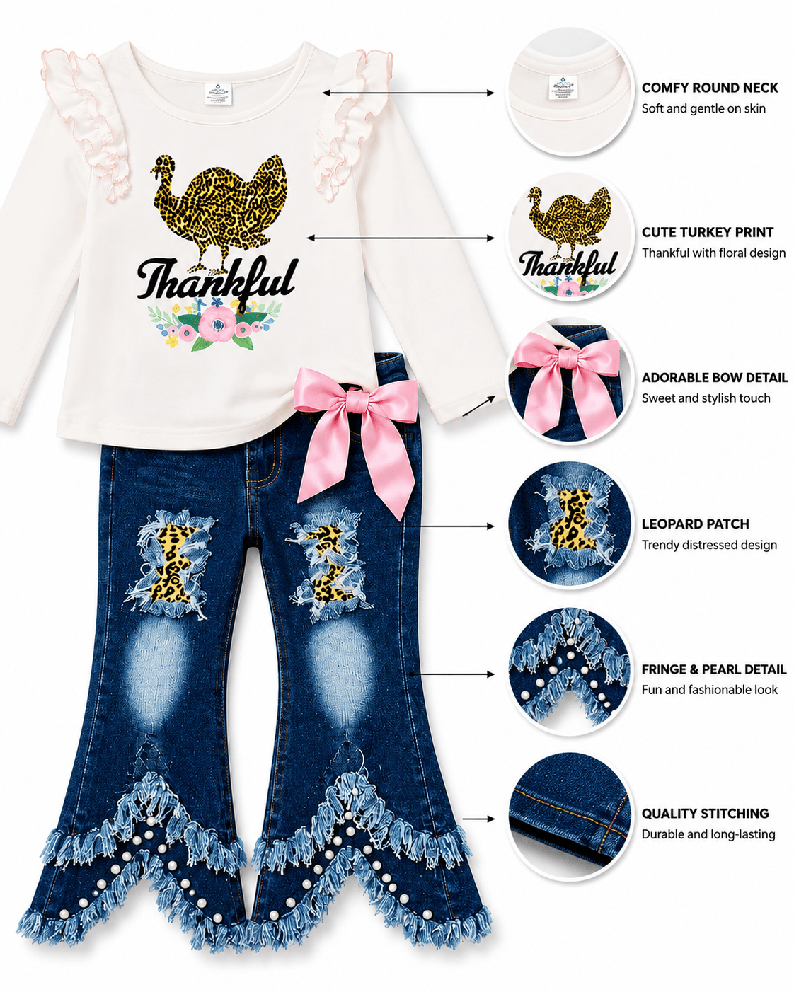 Turkey Thanksgiving Light Pink Denim Outfit Kids