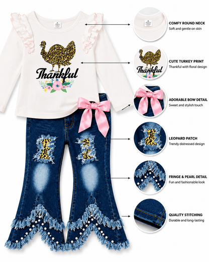 Turkey Thanksgiving Light Pink Denim Outfit Kids