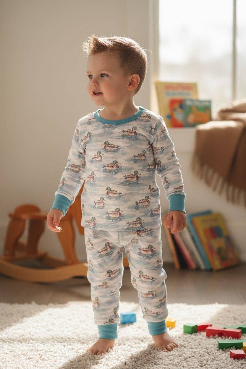 Mallard Duck on white boys pajamas.