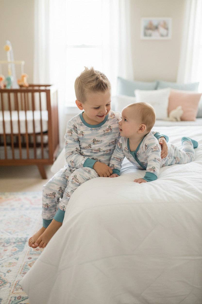 Mallard Duck on white boys pajamas.