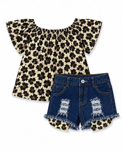 Cheetah Off The Shoulder Denim Shorts Outfit Kids