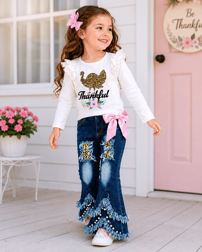 Turkey Thanksgiving Light Pink Denim Outfit Kids