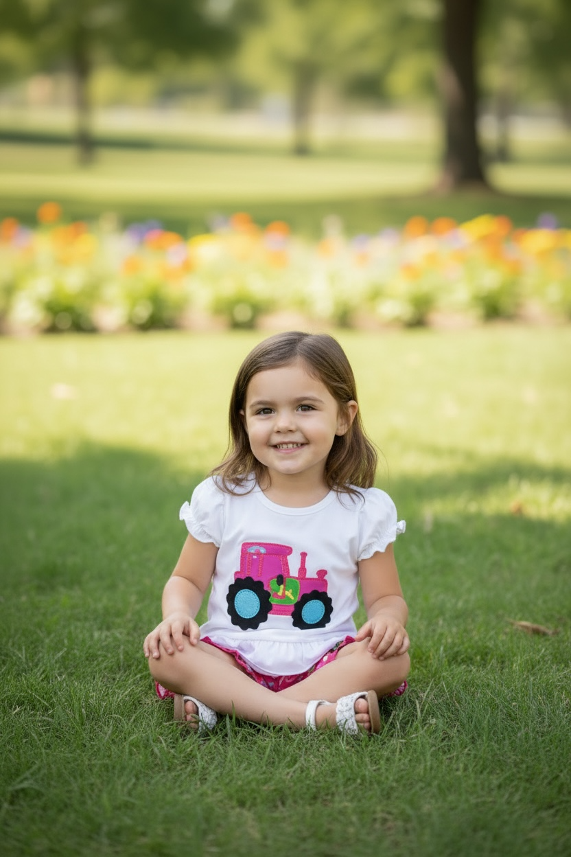 Pink Tractor printed on white ruffle top and pink shorts.