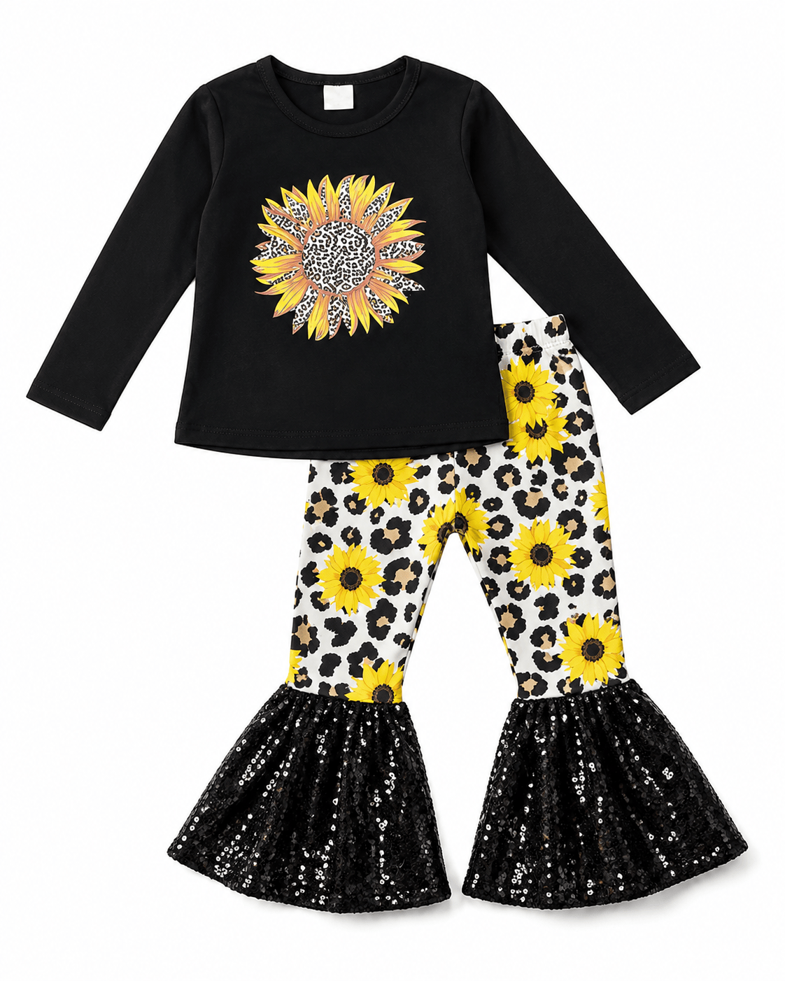 Sunflower Cheetah Black Sequin Bell Bottom Outfit Kids