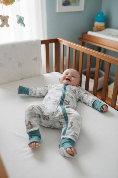 Mallard Duck printed on white baby bodysuit with fold over hands & feet