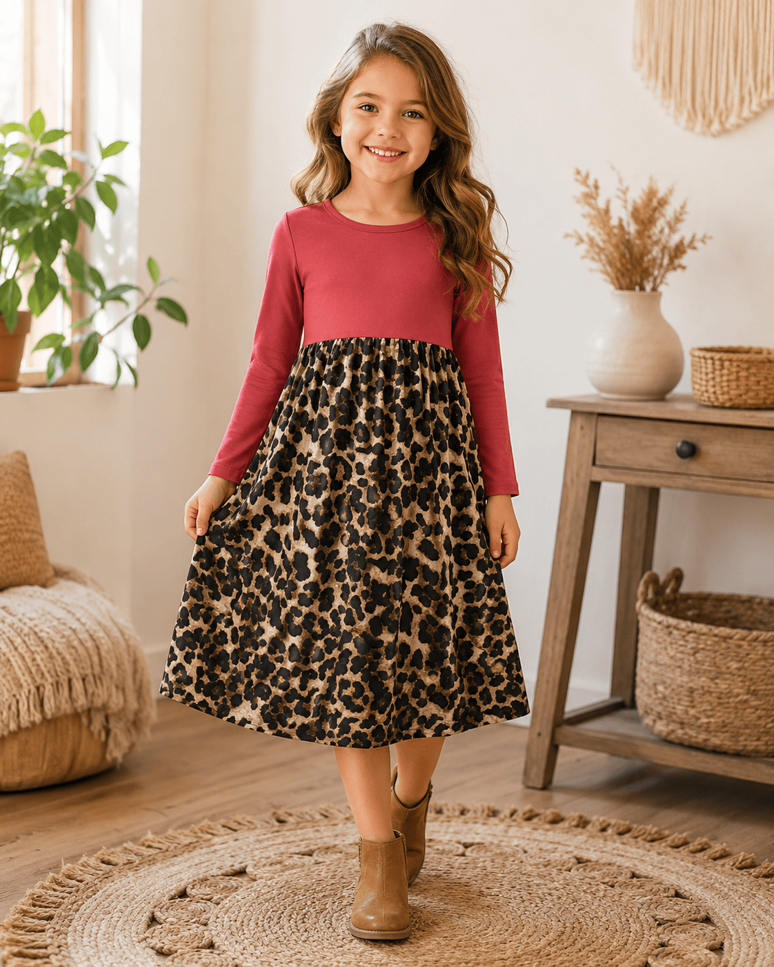 Cheetah Red Long Sleeve Maxi Dress Kids