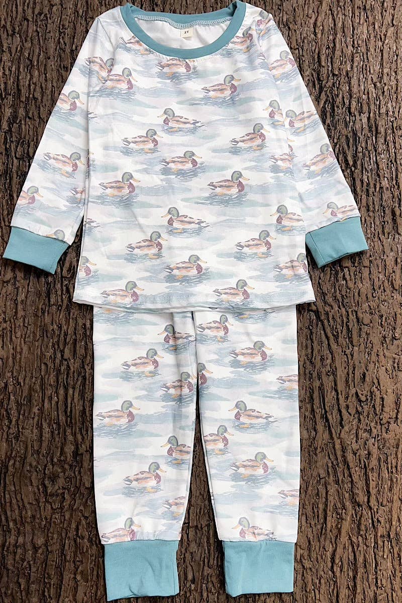 Mallard Duck on white boys pajamas.