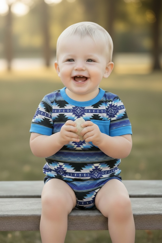 Boys Teal Aztec Printed Cream Button-Up Shirt and Shorts Set.