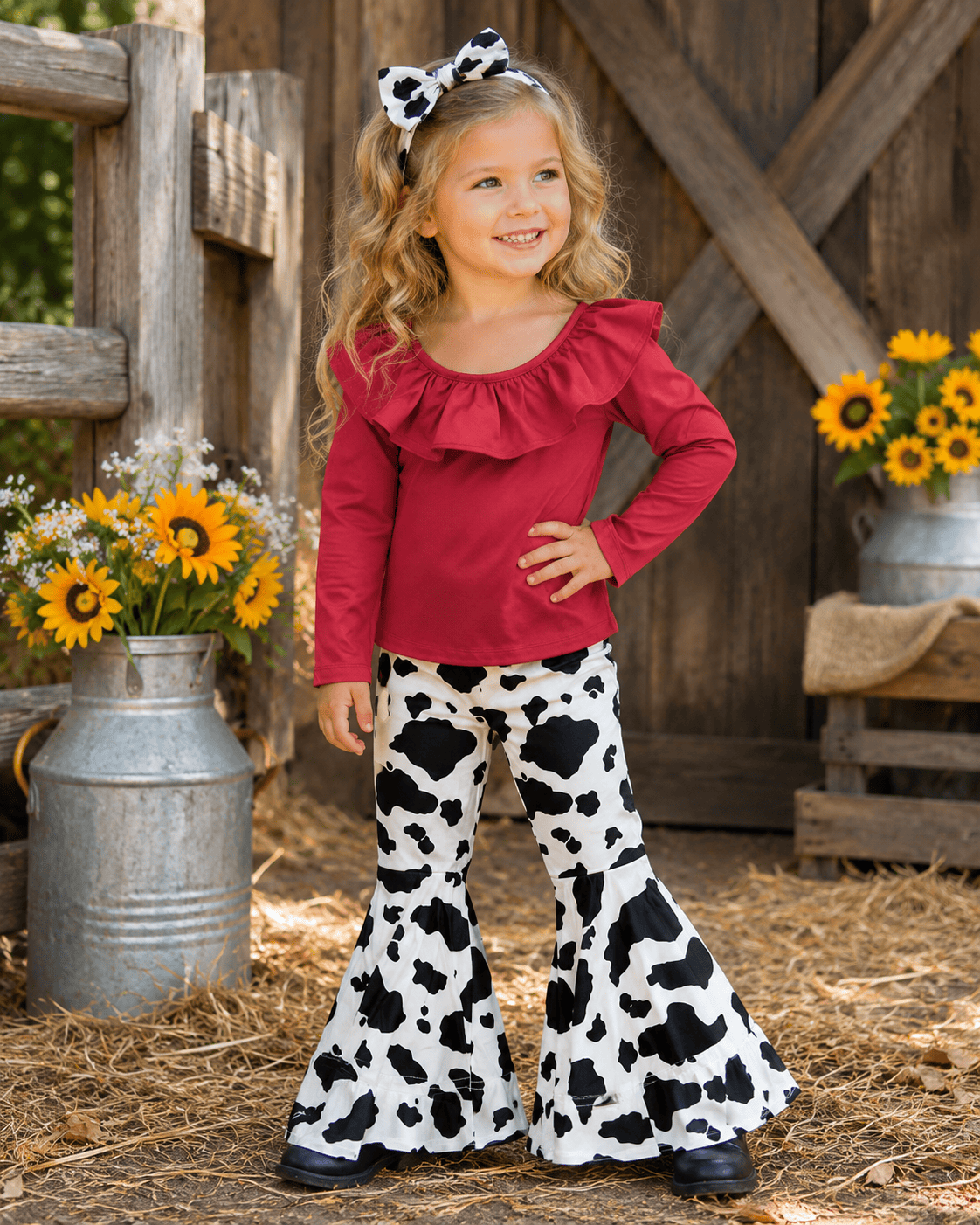 Cow Print Red Off The Shoulder Outfit Kids