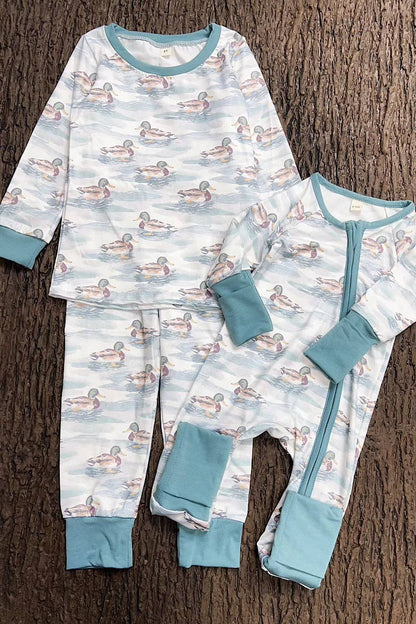 Mallard Duck printed on white baby bodysuit with fold over hands & feet