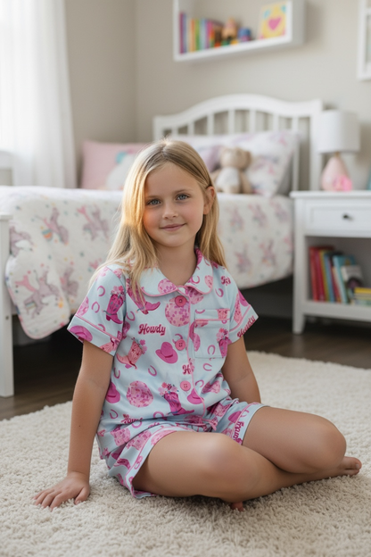 Howdy" Western & butterfly multi printed girls pajamas.