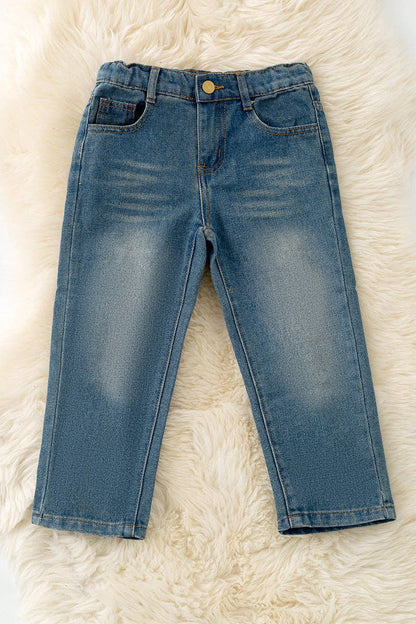 Blue denim pants with back brown embroidered pocket.