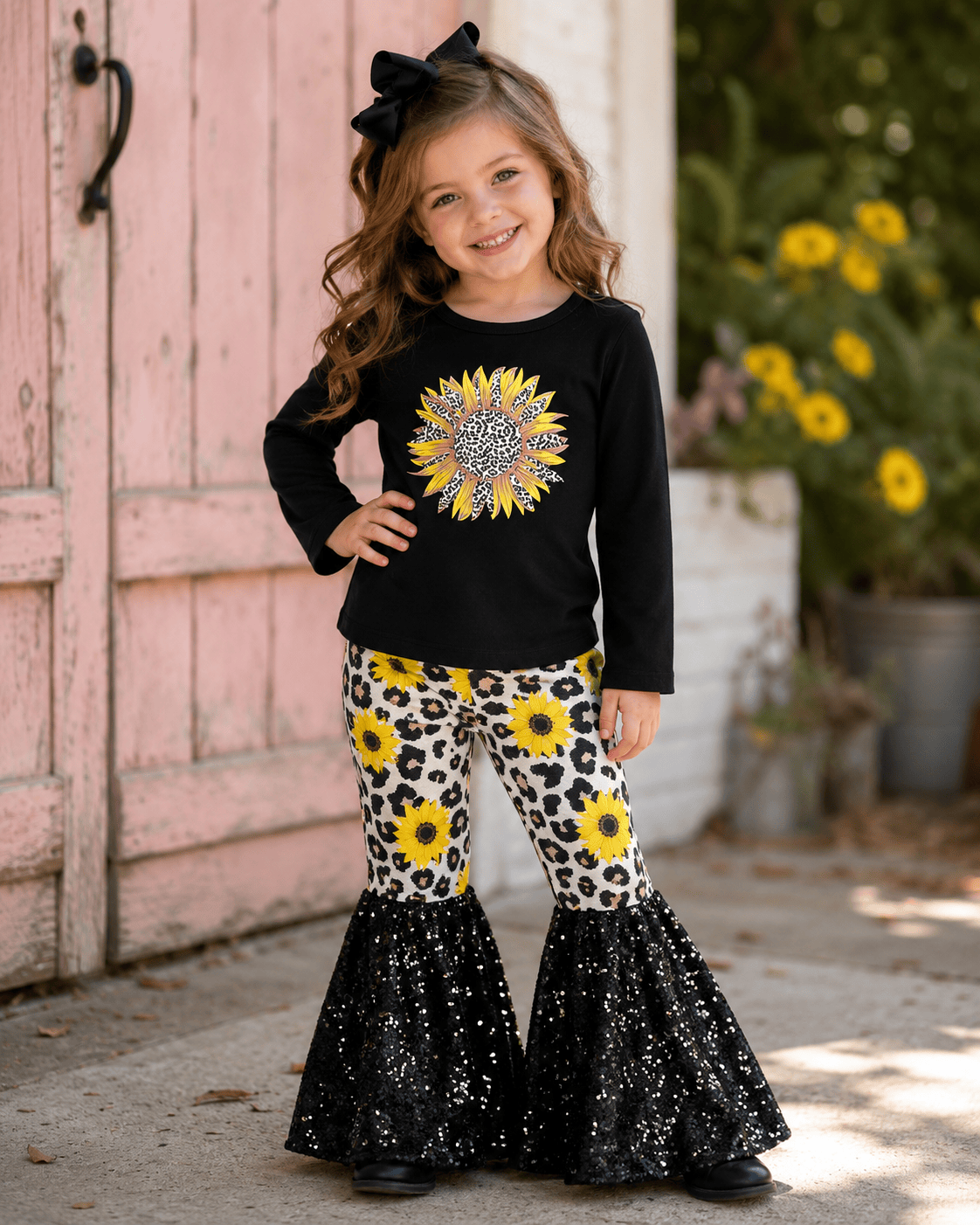Sunflower Cheetah Black Sequin Bell Bottom Outfit Kids