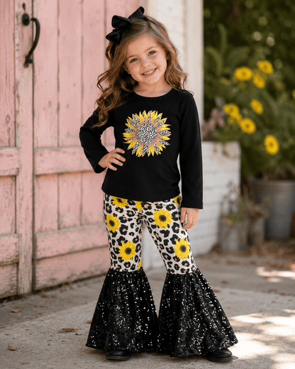 Sunflower Cheetah Black Sequin Bell Bottom Outfit Kids