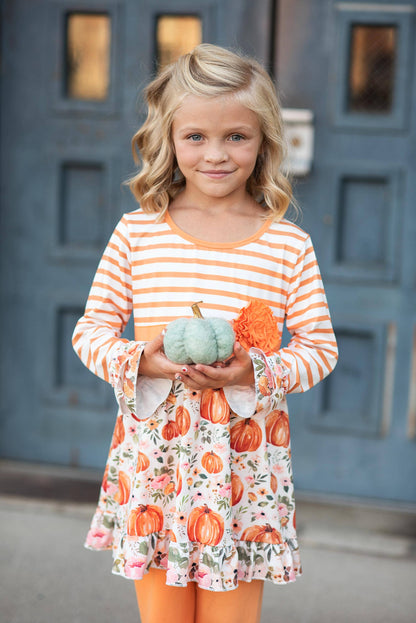 Kids Pumpkin Stripe Ruffle Rosette Two Piece Fall Pant Set