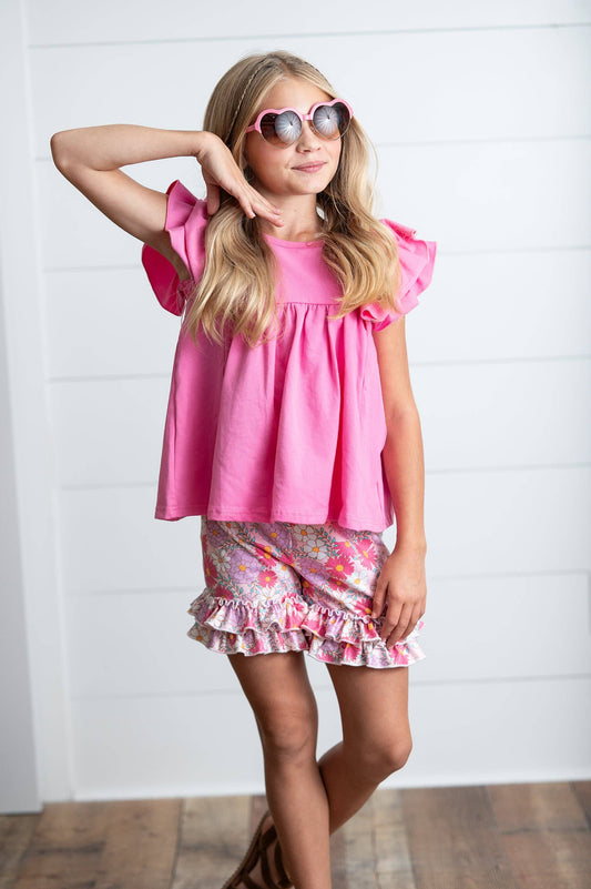 Kids Sophia Pink Floral Spring Summer Ruffle Short Set