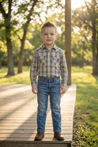 Blue denim pants with back brown embroidered pocket.