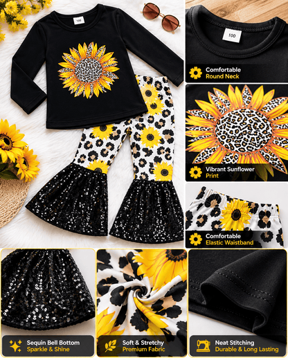 Sunflower Cheetah Black Sequin Bell Bottom Outfit Kids
