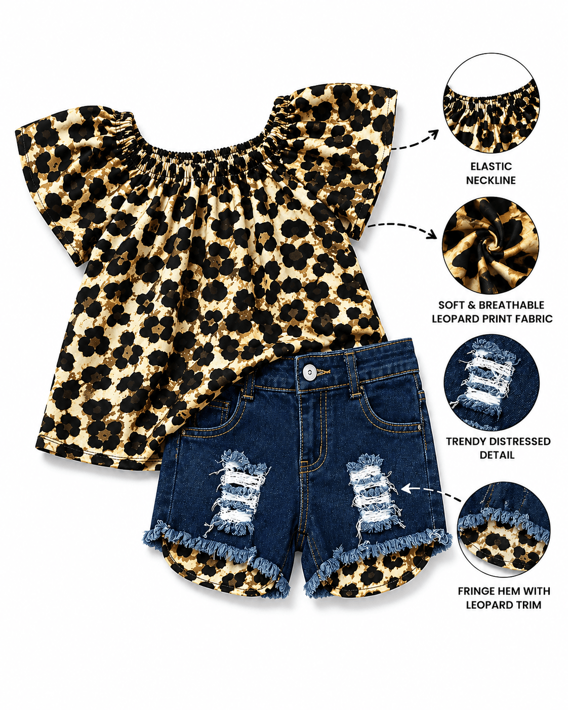 Cheetah Off The Shoulder Denim Shorts Outfit Kids