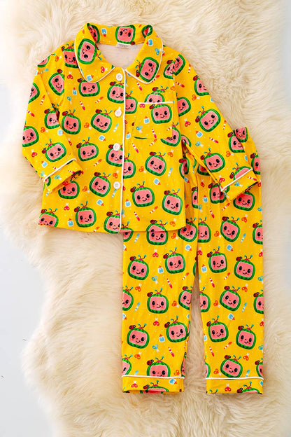 YELLOW CHARACTER PRINTED PAJAMA SET.