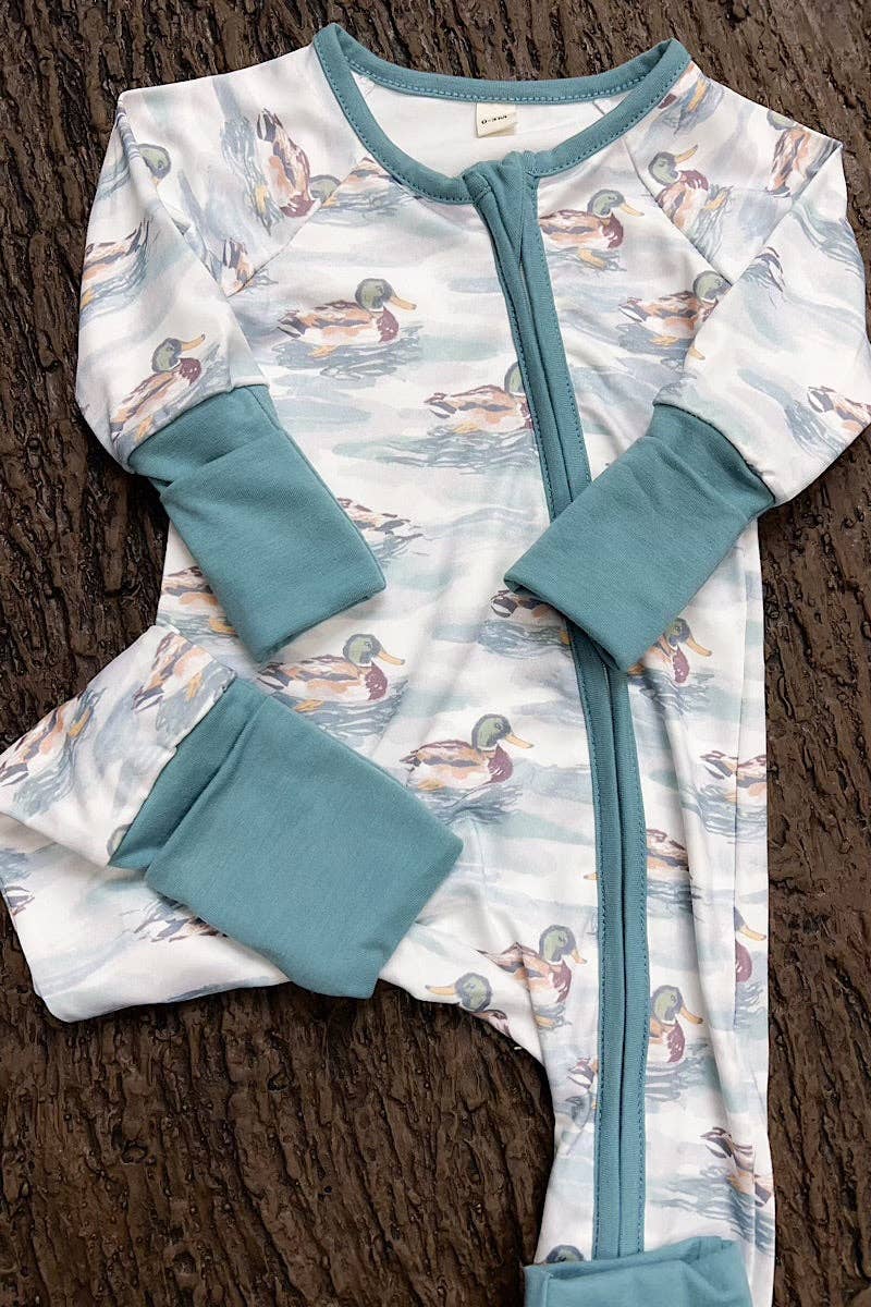 Mallard Duck printed on white baby bodysuit with fold over hands & feet