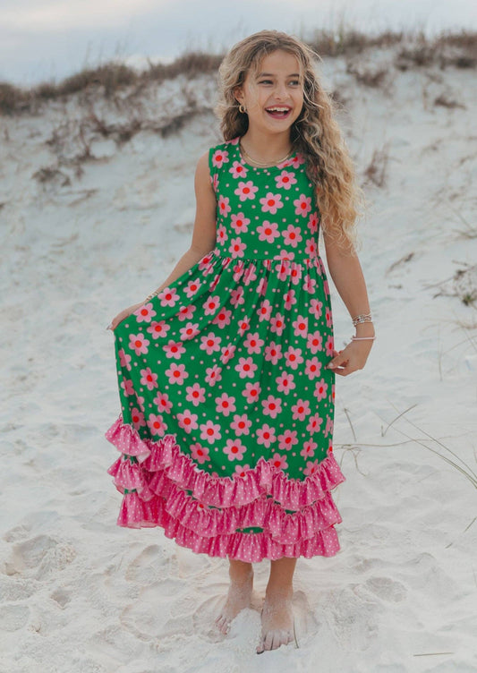 Girls Olivia 3 Ruffle Green Floral Spring Summer Dress