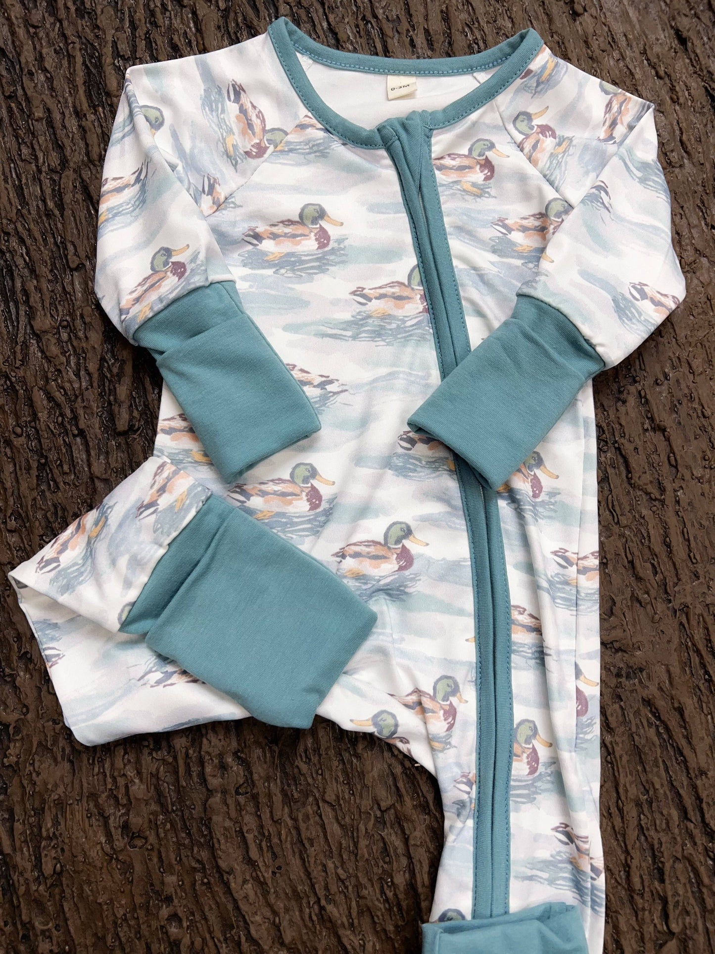 Mallard Duck printed on white baby bodysuit with fold over hands & feet