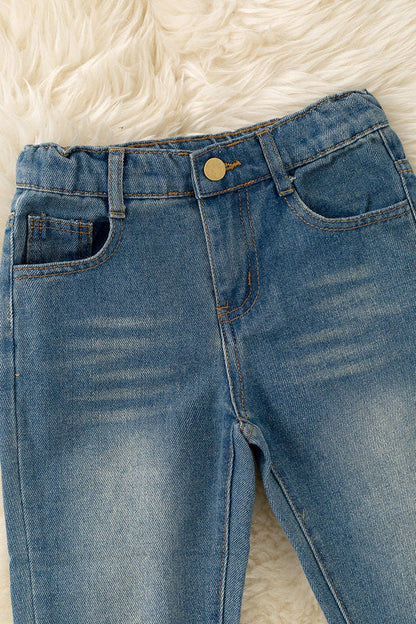 Blue denim pants with back brown embroidered pocket.