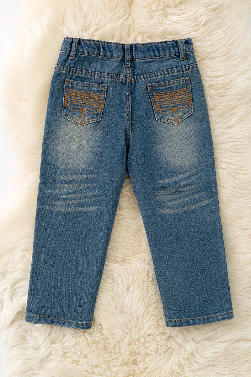 Blue denim pants with back brown embroidered pocket.