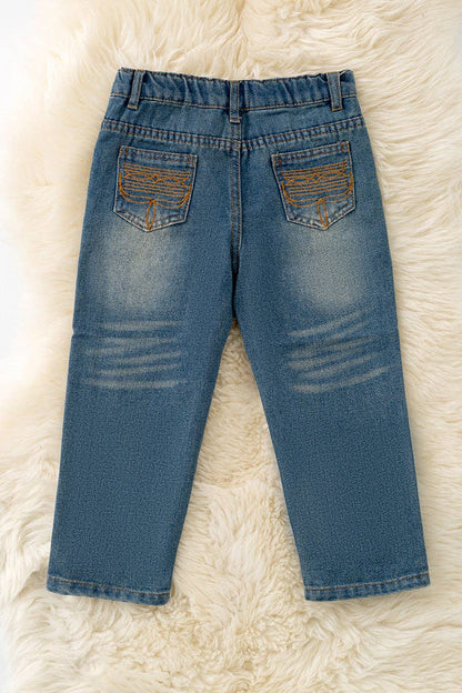 Blue denim pants with back brown embroidered pocket.